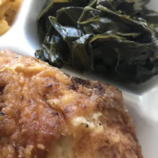 Fried chicken w/ mac &amp; cheese and collard greens