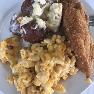 Catfish, red potatoes with cream sauce, Mac &amp; cheese