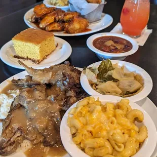 Neck bones with gravy, Mac and cheese, greens, red beans and rice, chicken wings, onion rings, cheesey potatoes, Mattie&apos;s special cocktail