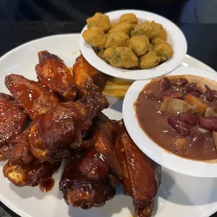 Hot wings, fried okra &amp; red beans and rice!!