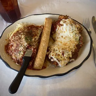 Chicken parmigiana with angel hair pasta at Mattina Bella