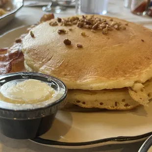 Pecan Stack of Three Buttermilk Pancakes Filled and Topped with Toasted Pecans