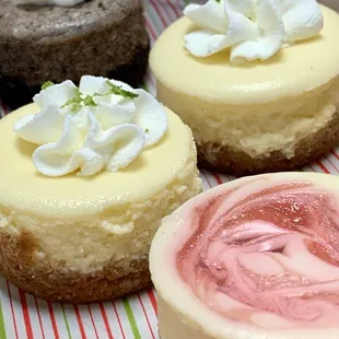 Chocolate Oreo, Key Lime, and Raspberry Swirl mini cheesecakes.