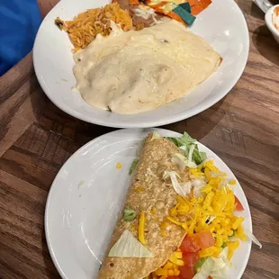 Chicken enchiladas and beef taco