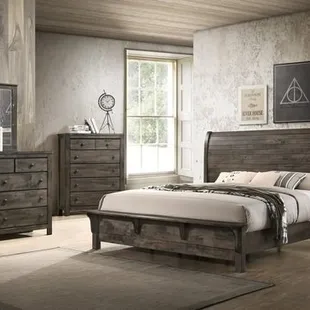 Rustic Modern Sleigh Bedroom Group. This Bed Features a Bench Foot-board! Available in King and Queen!