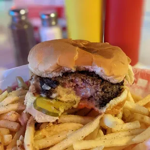 a hamburger and fries