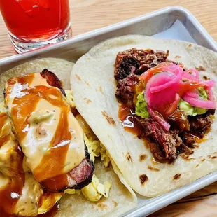 Pork belly breakfast taco and chopped brisket taco.