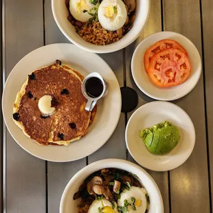 Grains, greens, &amp; beans (bowls), short stack griddlecakes, side of avocado, and side of tomatoes