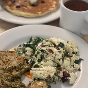 Blueberry griddlecake, Pesto Marinaded Chicken, scrambled egg whites.