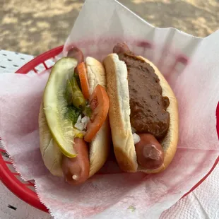 Chicago on the left, cheeseless chili dog on the right