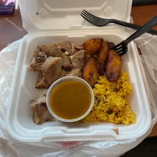 # Pork Pernil, Rice, Sweet Plantains Maduros n beans