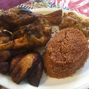 Lamb Yassa, plantains, jollof rice
