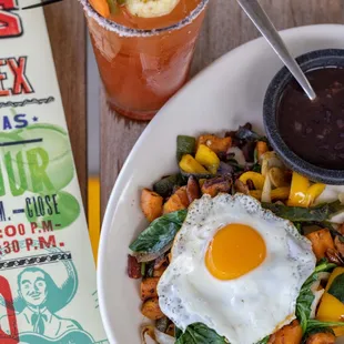 a plate of food and a drink