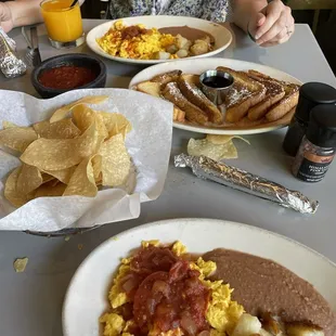 Scrambled huevos rancheros, French toast and chips.