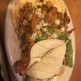 Pastor and grilled shrimp tacos