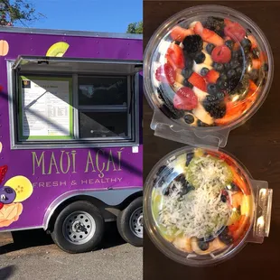 a purple food truck with fresh and healthy food