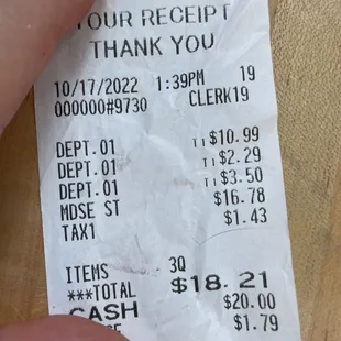 Receipt for everything ordered.