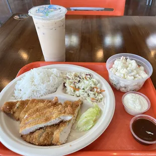 Chicken katsu with Mac salad and traditional boba
