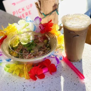 Sesame seared tuna and jasmine rice poke bowl &amp; a coffee milk tea with a little bit of boba