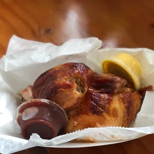 chicken wrapped in bacon and ketchup