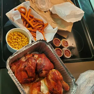 Small Feast Quarter Chicken Corn Bbq Sweet sauces and sweet potatoe fries