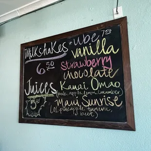Inside drinks menu - milkshakes and fresh juice options.