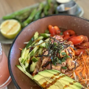 Shishito Peppers ($10), Sparkling Guava Margarita ($20), Ahi Poke Bowl ($25.99)