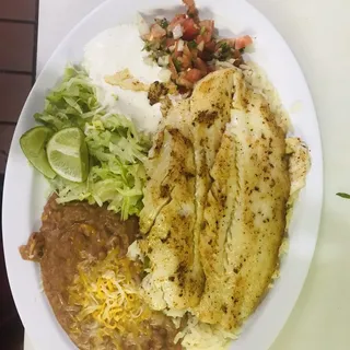 Filete De Pescado (Fish Fillet) with Rice, Beans and Tortillas