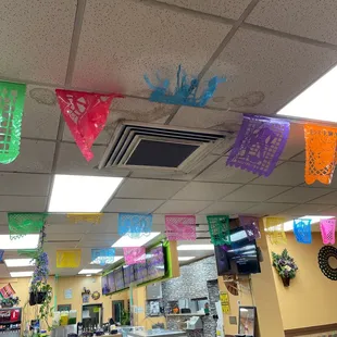 Flags are cute. Ceiling filth blowing from above the table is a no.