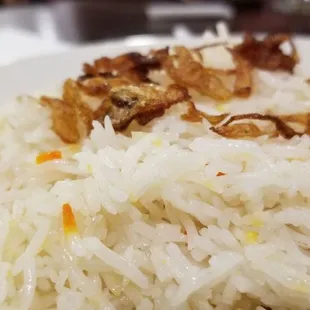 a close up of a plate of rice