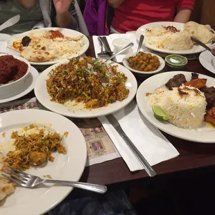 Lamb vindaloo extra spicy (for real), chicken biriyani, chicken tikka Marsala, and tandoor chicken and lamb.