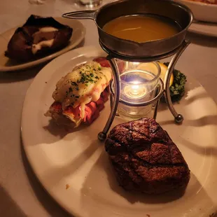Surf and turf with baked sweet potato