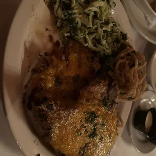 Pork chops, spinach and noodles