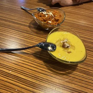 Desert. The orange colored one is the Gajar Ka Halwa. The yellowish colored one is the Pineapple Firni.