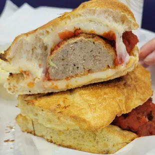 Hot Meatball on a toasted ciabatta roll.
