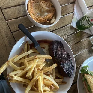 Ribeye, French Fries and Mushrooms Soup.