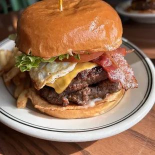 Double bacon cheeseburger with an egg. It tastes even better then it looks