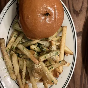 Blue cheese burger with parmesan garlic fries