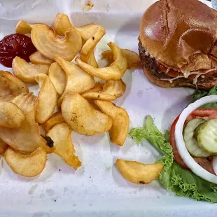 a burger and fries