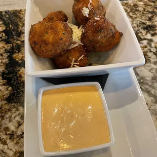 Mac and cheese bites. The dipping sauce is so good.