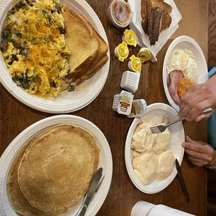 R.B scramble pancakes ham and eggs with biscuits and gravy.