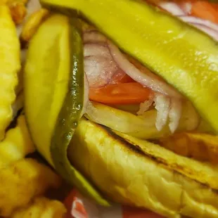 a pickle sandwich and french fries