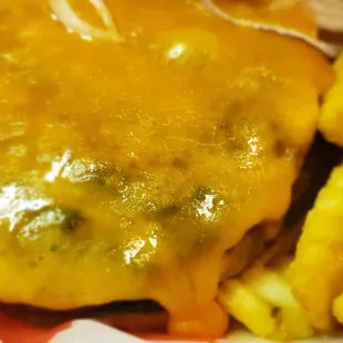 a cheeseburger and french fries