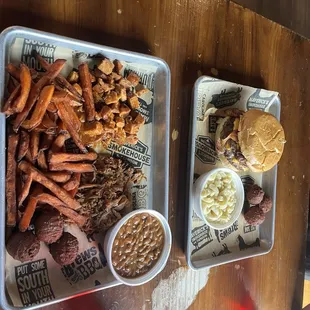 Sweet Potato Fries, Bourbon Beans, Hushpuppies, 2 Meat