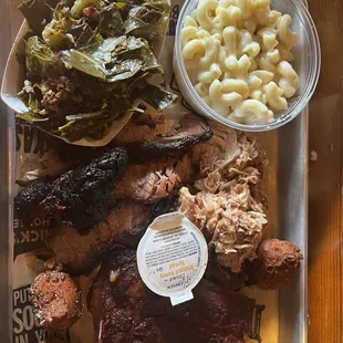 3 meat combo with Mac n cheese, collards, ribs, brisket, chopped pork