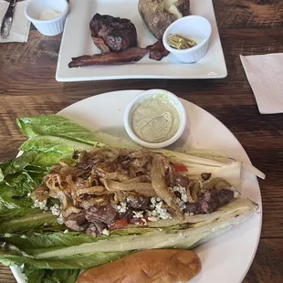 Black and blue salad and filet mignon.