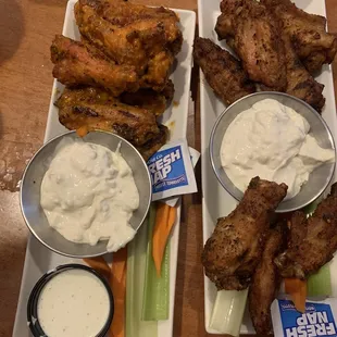 Left: garlic habanero wings  Right: cajun yadi wings  Both served with AMAZING bleu cheese