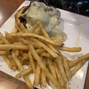 Mushroom Swiss burger and Parmesan truffle fries