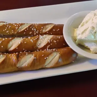 Pretzels with Boursin (wish they would melt it so you can dip them?)