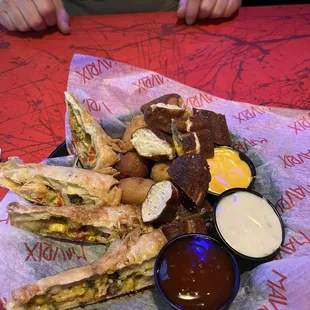 Combo with Chicken and Black Bean Egg Rolls, Pretzel Bites and Mini Corn Dogs....corn dogs were ok, rest was bad...